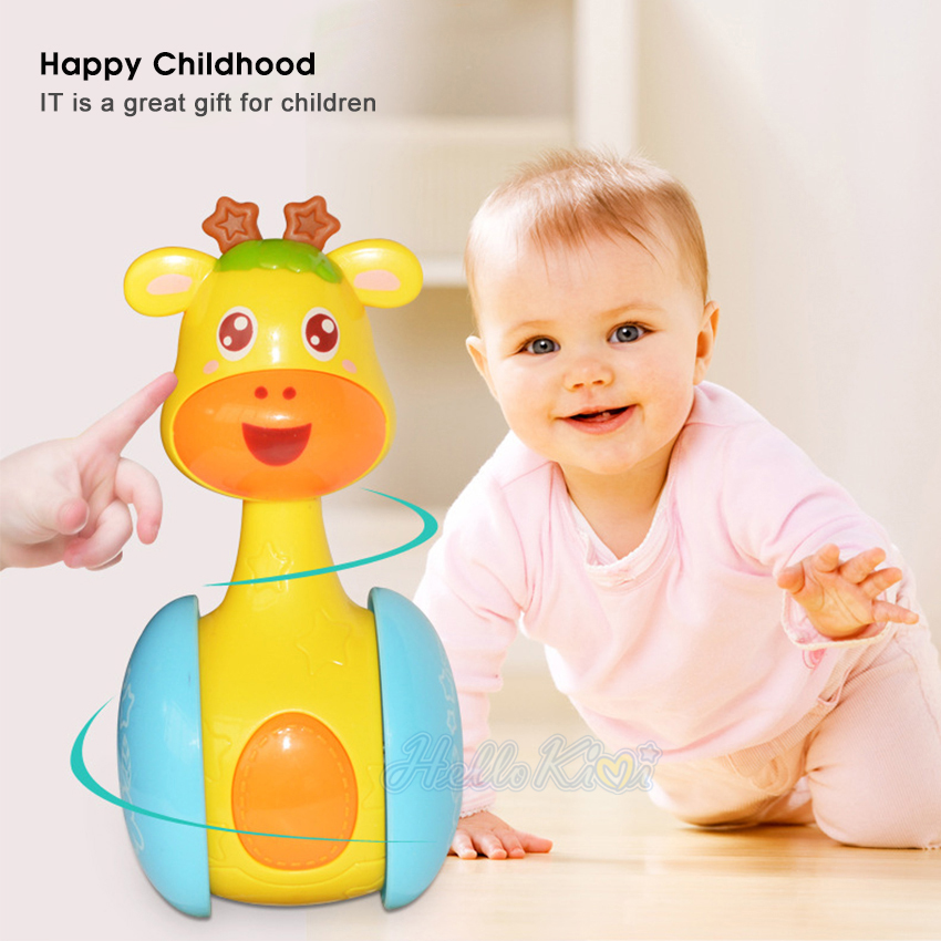 HelloKimi ChildrenCartoon Tumbler Doll Roly-poly Baby Toys Giraffe Tumbler Doll Early Learning Toy Toddler Musical Wobble Rattles Ring Bell Music Learning Educational Toy Cute Shape Toy for Kids