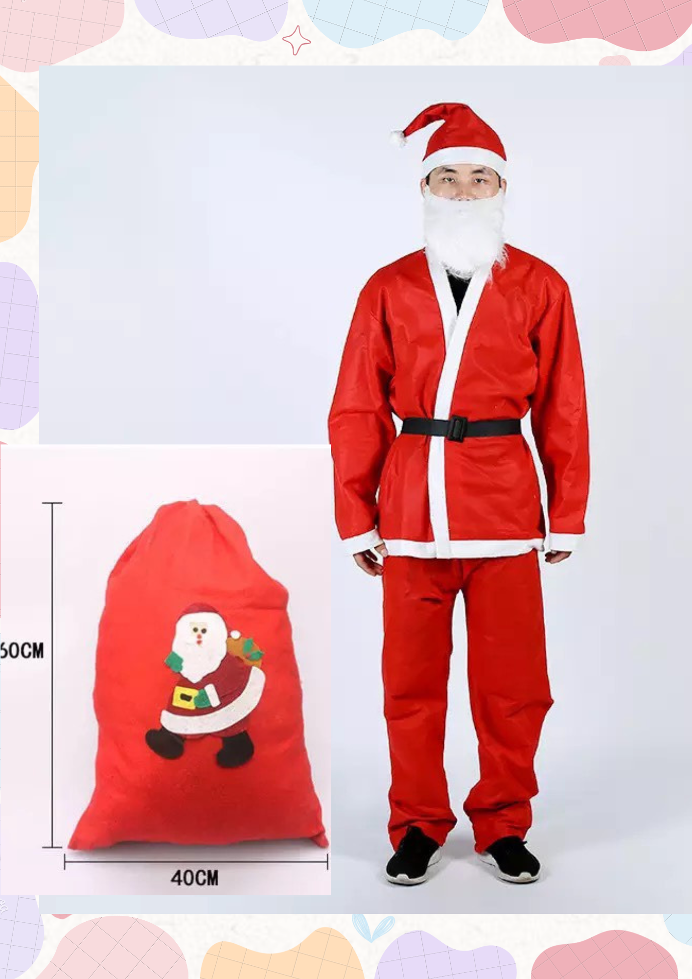 Bộ Quần Áo Ông Già Noel Chất Bông Nỉ 6 Món Có Túi Nỉ