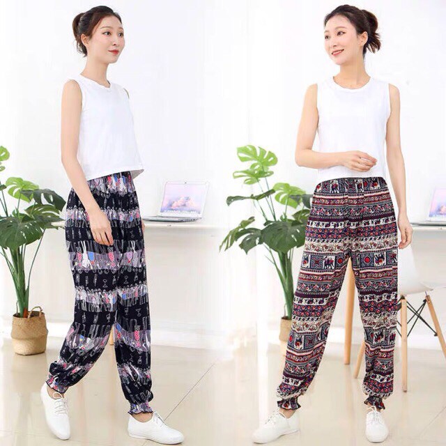 Quần lanh dài bo gấu, mềm, mát, chất liệu thổ cẩm cao cấp- Họa tiết giao ngẫu nhiên