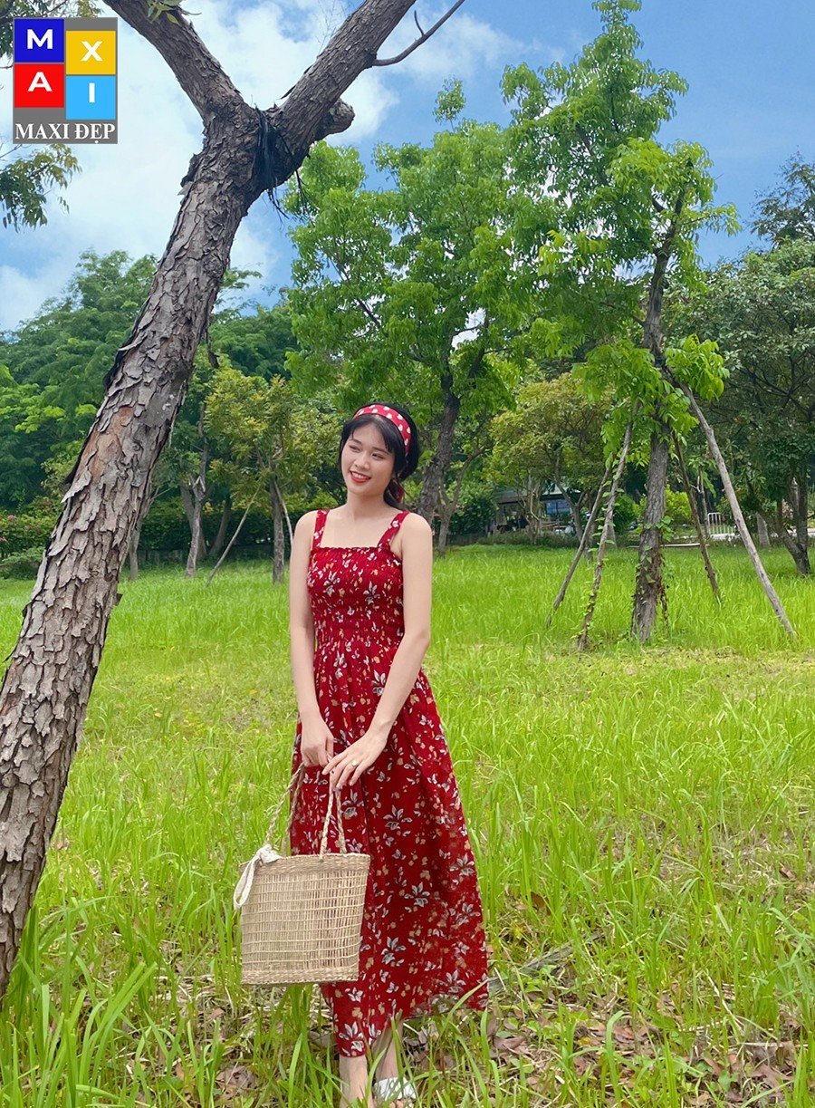 Đầm 2 Dây Hoa Đỏ Maxi Đẹp Hottrend Freesize Cho Nàng