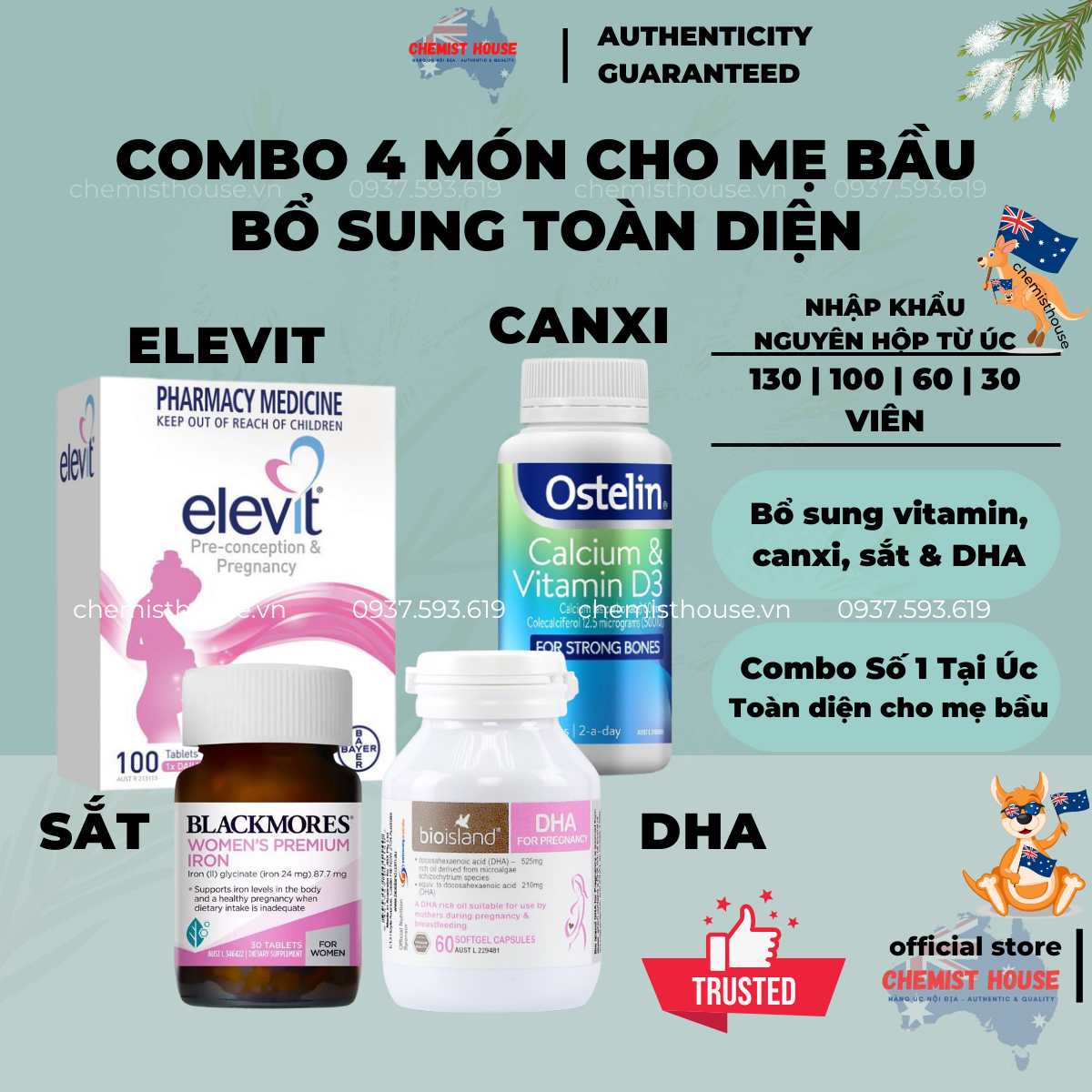 [HÀNG CHUẨN ÚC] Combo Vitamin cho Mẹ Bầu 4 món (Elevit + DHA + Canxi + Sắt)