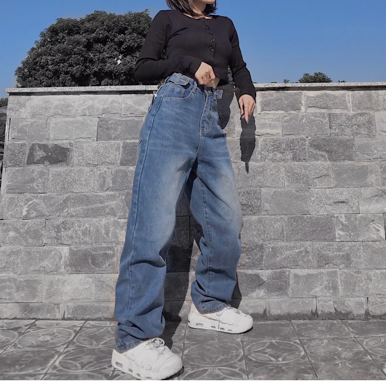 ☀️SET BAGGY JEANS LƯNG CAO ĐAI NÚT + CROPTOP GÂN TD