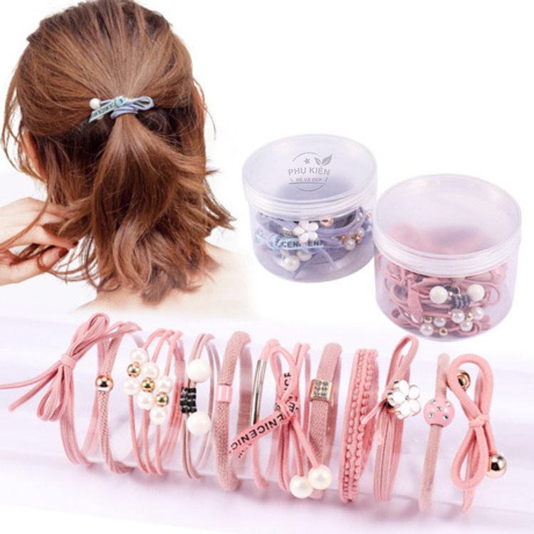 [HCM]Set 12 thun cột tóc Hàn Quốc dễ thương - Gồm hộp (Màu hồng)