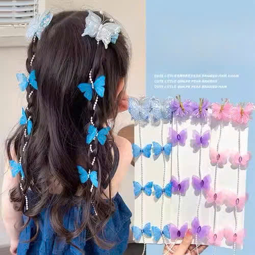 Set 2 kẹp tóc dây chuỗi ngọc bướm nhiều màu siêu cute cho bé