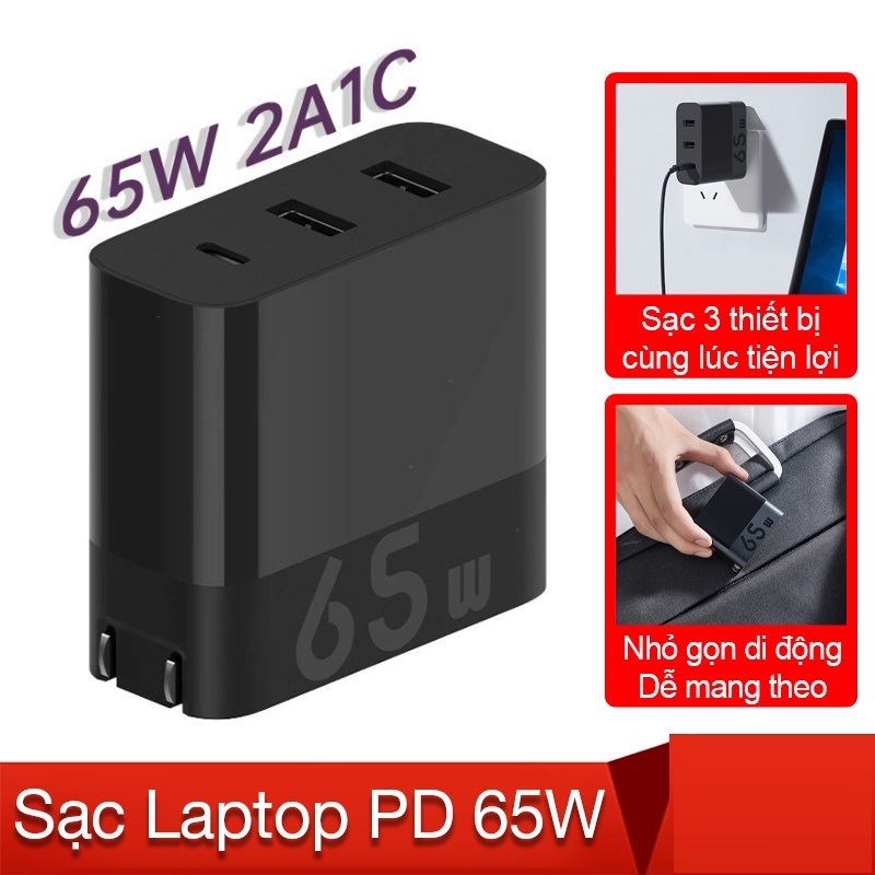 Cốc sạc nhanh pd zmi ha835 65w 2a1c xiaomi với 2 cổng sạc usb-a, 1 cổng sạc usb-c, hỗ trợ sạc nhanh tối đa 65w