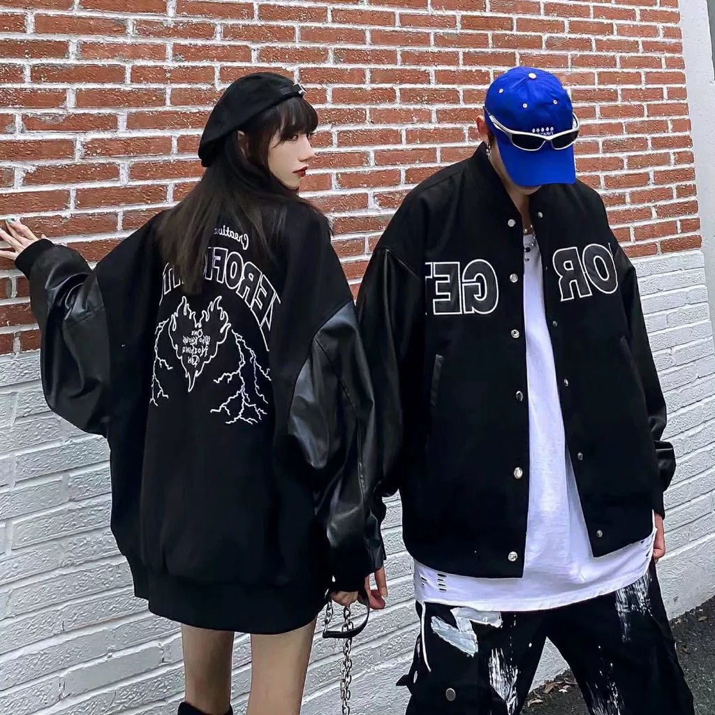 Áo Khoác Phối Tay Da, Áo Bomber Unisex FOR GET