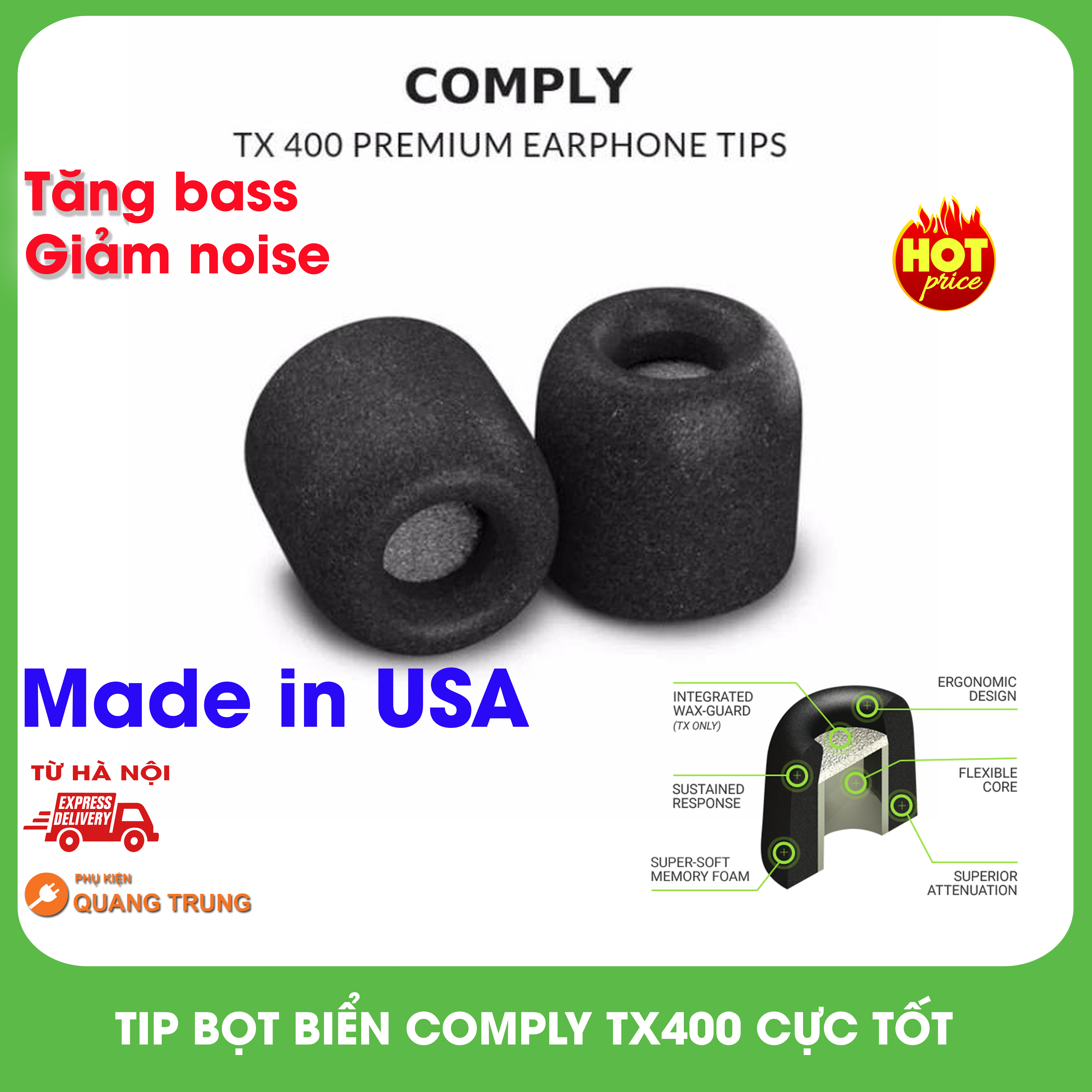 Tip bọt biển Comply TX400 chính hãng USA,tăng bass cực ngon