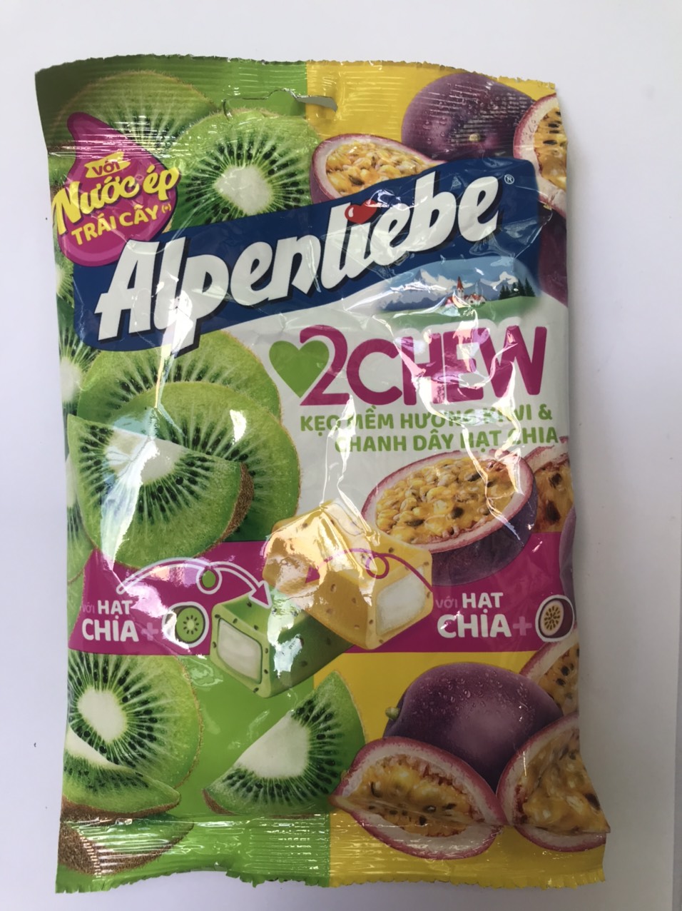 Kẹo Mềm Hương Kiwi Và Chanh Dây Hạt Chia Alpenliebe 2Chew Gói 87.5g- nhỏ