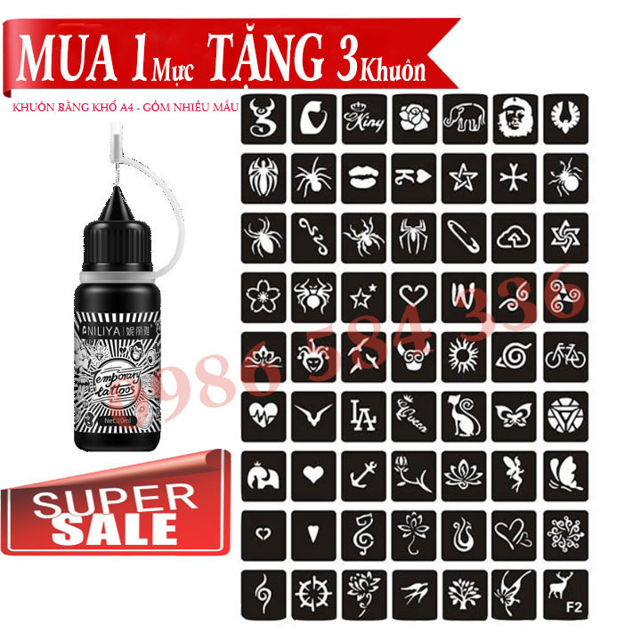 Mực xăm tạm thời 7-15 ngày [ Tặng 3 Khuôn + Sticker ][Màu Xanh Đen]