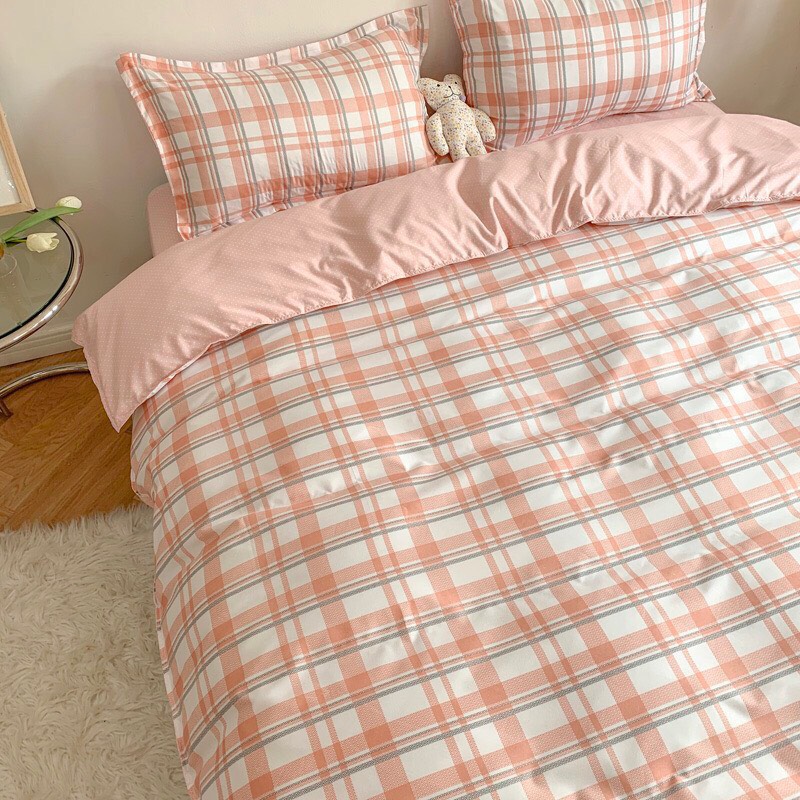 Bộ chăn ga gối cotton poly - Mầu kẻ hồng hàn quốc