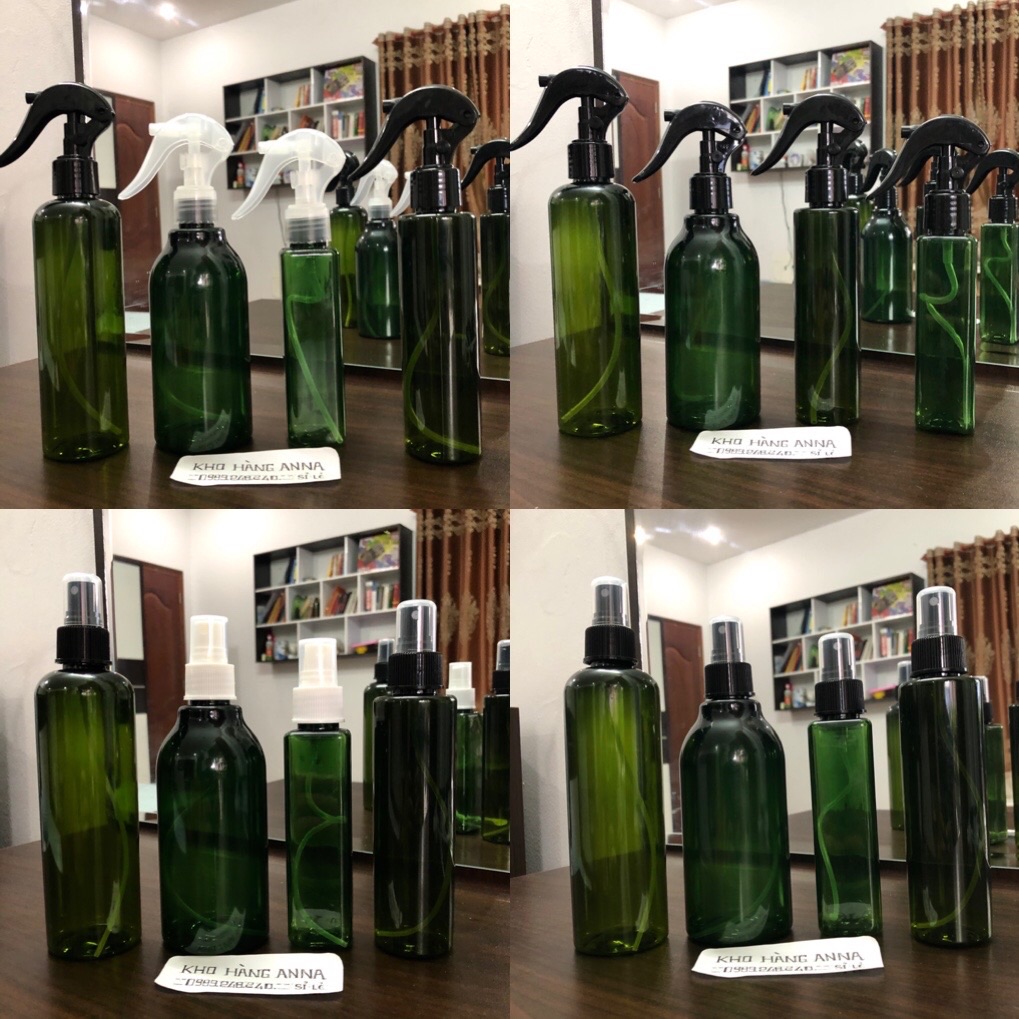 [ Bóp Xịt Kính phun sương ] Chai Pet nhựa màu xanh 100ml vuông/ 150ml / 200ml / 250ml / 300ml nắp bóp xịt phun sương , xịt kính - Chai Pet nhựa màu xanh rêu , vỏ Chai nhựa màu xanh rêu , Chai chiết Mỹ phẩm màu xanh