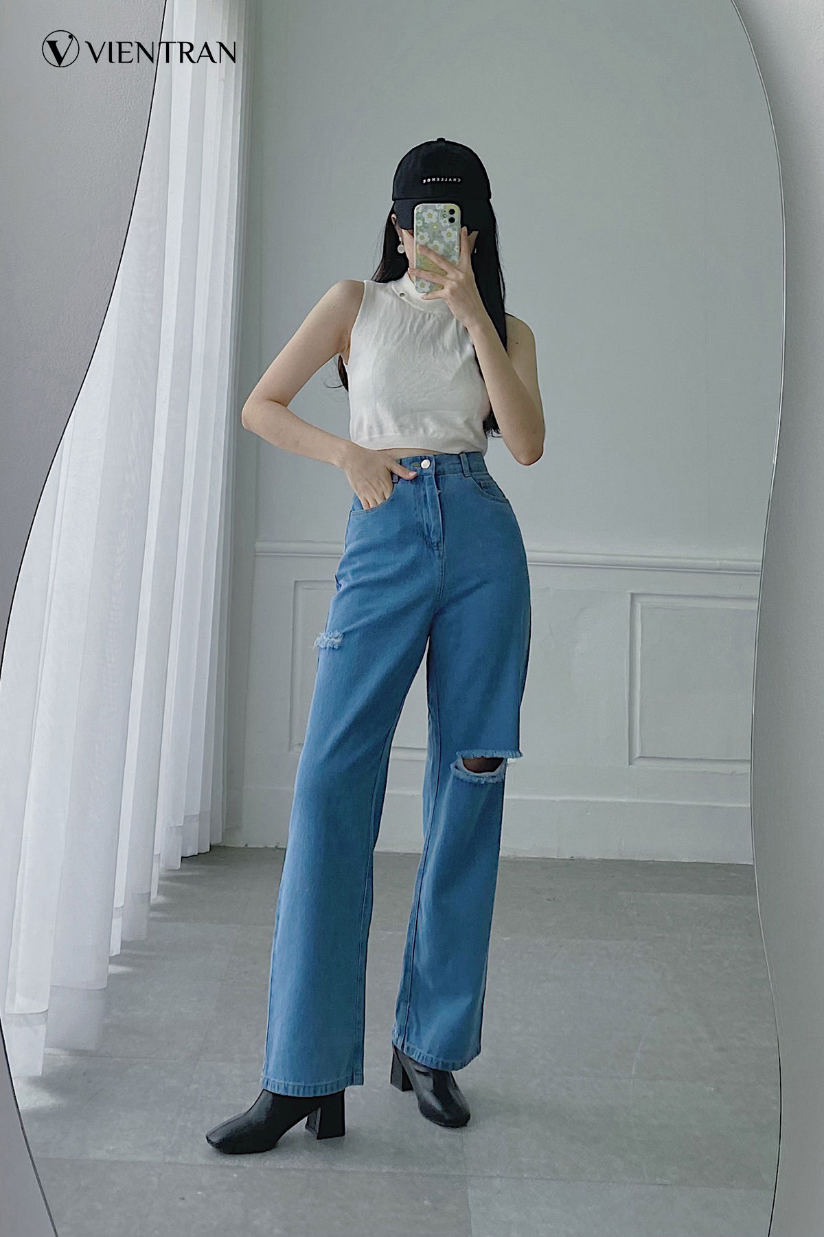 Quần ống rộng jeans rách đùi vien tran v64w21q011