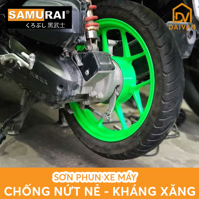COMBO 5 chai sơn Samurai LÓT-NỀN-MÀU-BÓNG màu 54** xanh lá huỳnh quang đầy đủ cho 2 mâm xe máy