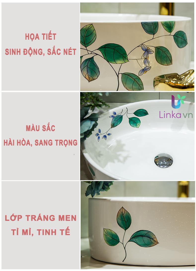 Chậu rửa lavabo gốm sứ nghệ thuật LAV0055 – Họa tiết hoa lá thủ công sang trọng