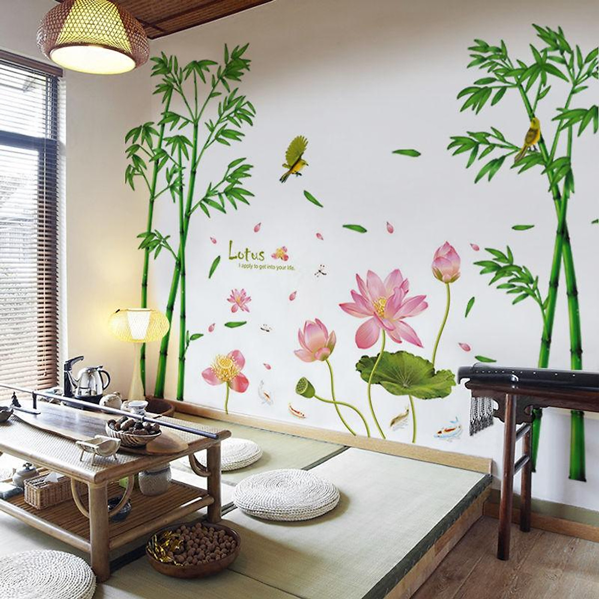 Decal dán tường tết bụi trúc to và sen lotus