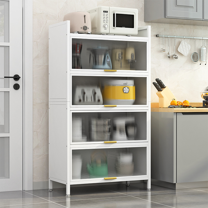 Flip lid kitchen with door, floor-to-ceiling multi-storey shelves, microwave oven, dustproof, multi-functional storage cabinet