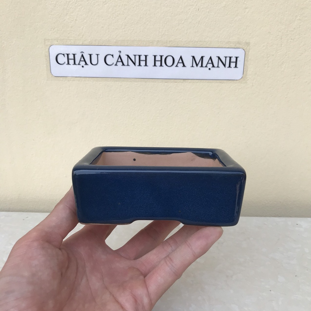 Chậu Chữ nhật bonsai sen đá mini men Lam gốm Bát tràng 1 size SP413