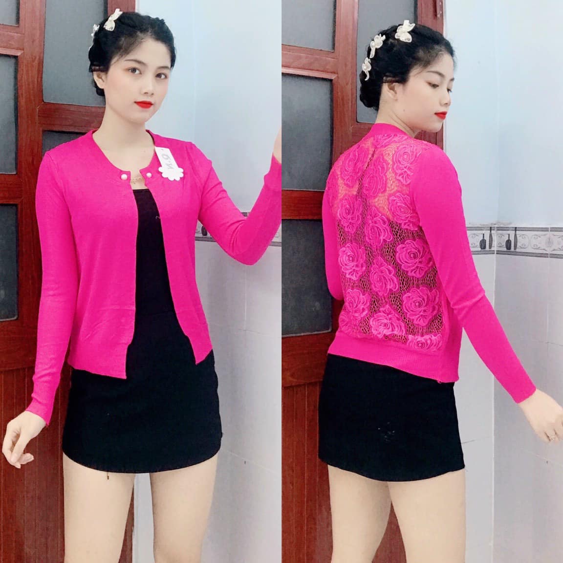 Áo khoác len nữ phối ren lưng đính nút ngọc áo khoác len co giãn khoác nhẹ