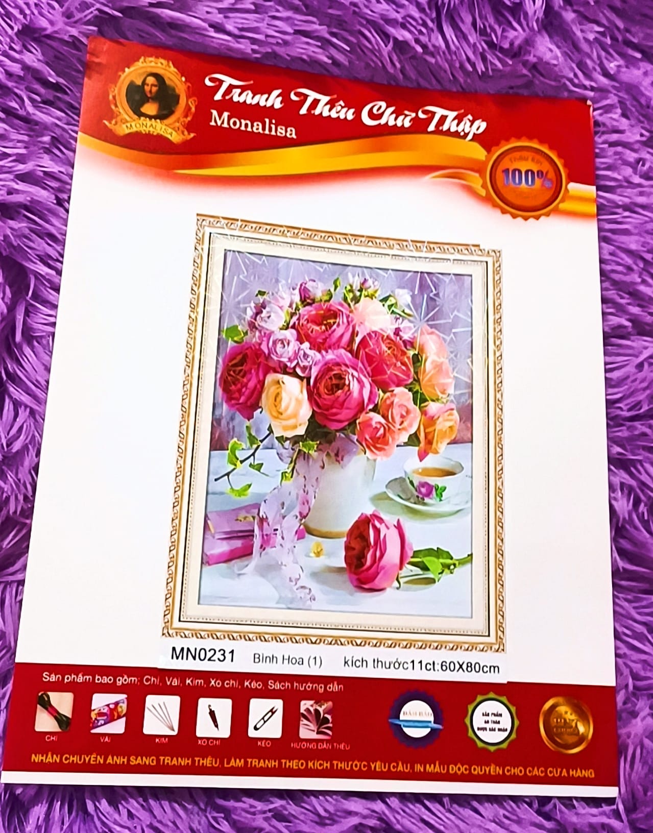 [Tặng kéo] Tranh thêu kín Hoa Hồng - tranh chưa thêu