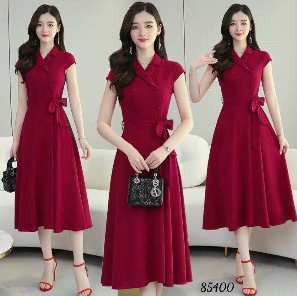 Đầm xòe đính nút cột nơ eo siêu xinh chất vải mềm mịn thoáng mát thời trang nữ cao cấp