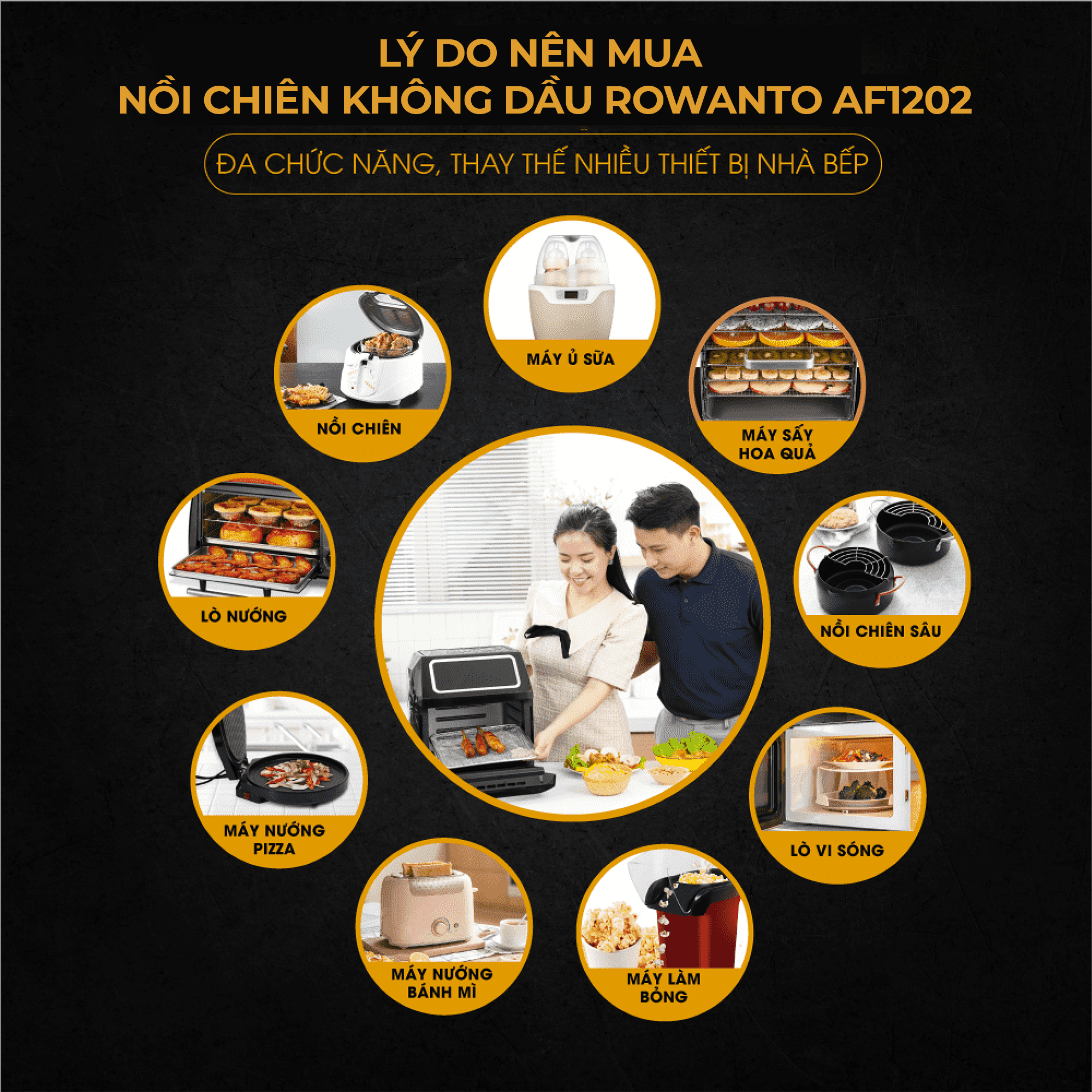 Nồi chiên không dầu, Nồi chiên không khí, máy chiên không dầu Rowanto AF1201 dung tích 12l màn hình cảm ứng LCD thiết kết thời trang vệ sinh dễ dàng Bảo hành 1 đổi 1