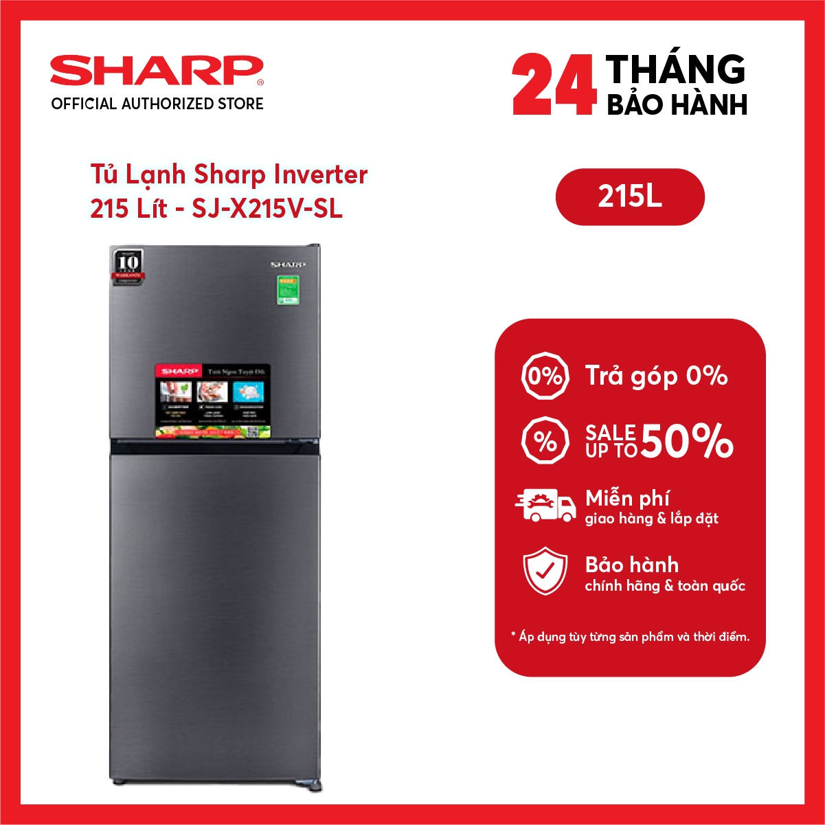 [FreeSHIP COD + Lắp Hà Nội] Tủ Lạnh Sharp Inverter 215 Lít SJ-X215V-SL