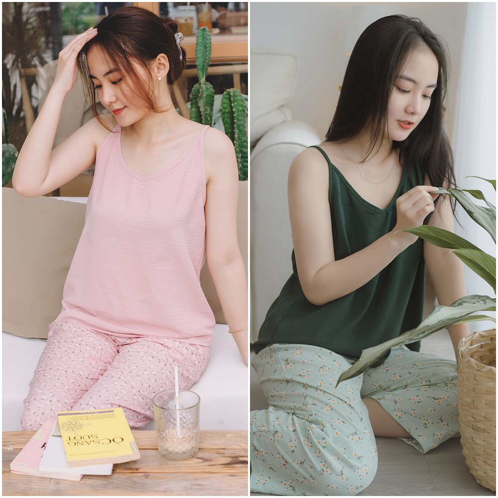Đồ mặc nhà MÂY áo đũi 2 dây quần dài lụa mango hoa nhí