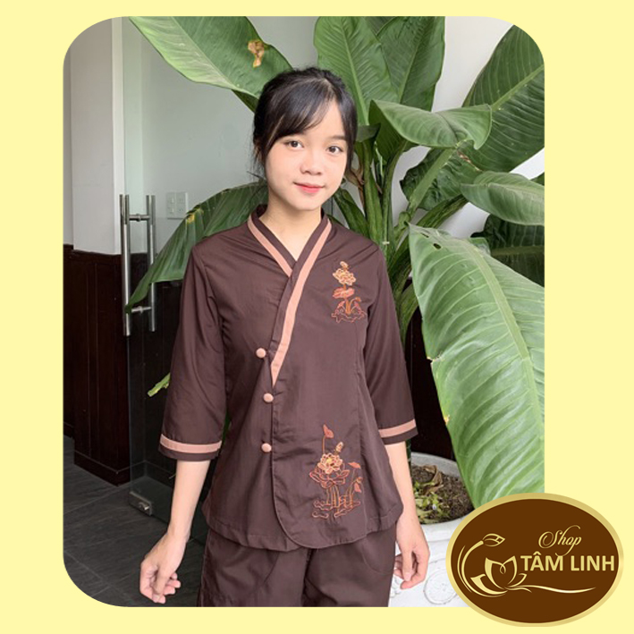 Đồ Lam Đi Chùa _ Mẫu Cài Xéo Thêu Sen