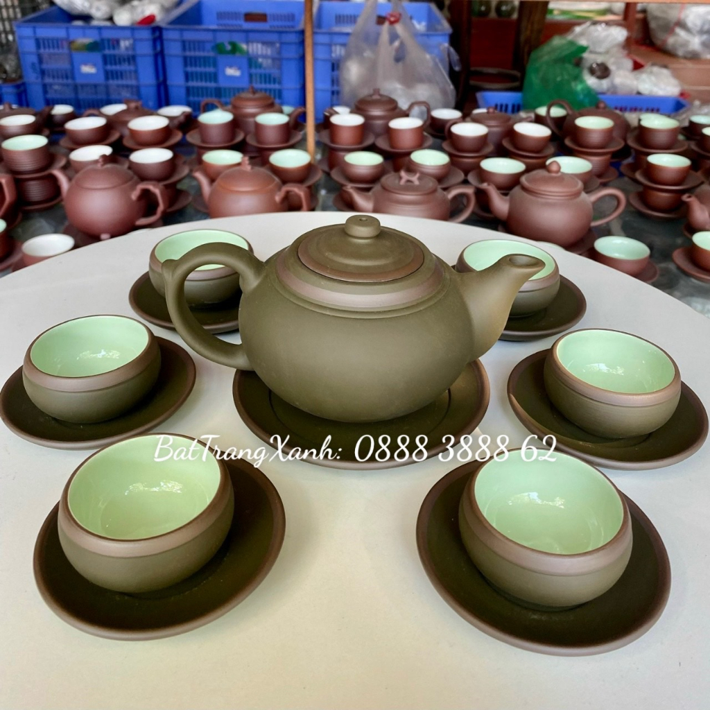 Bộ Ấm Búp Sen Xanh Chỉ Men Ngọc - Ấm Chén Uống Trà Bát Tràng