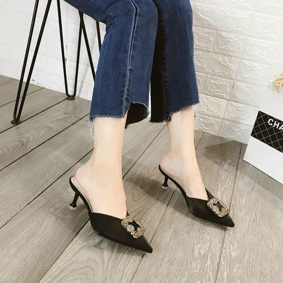 Giày guốc nữ cao gót phối mặt đá gót 5cm êm chân