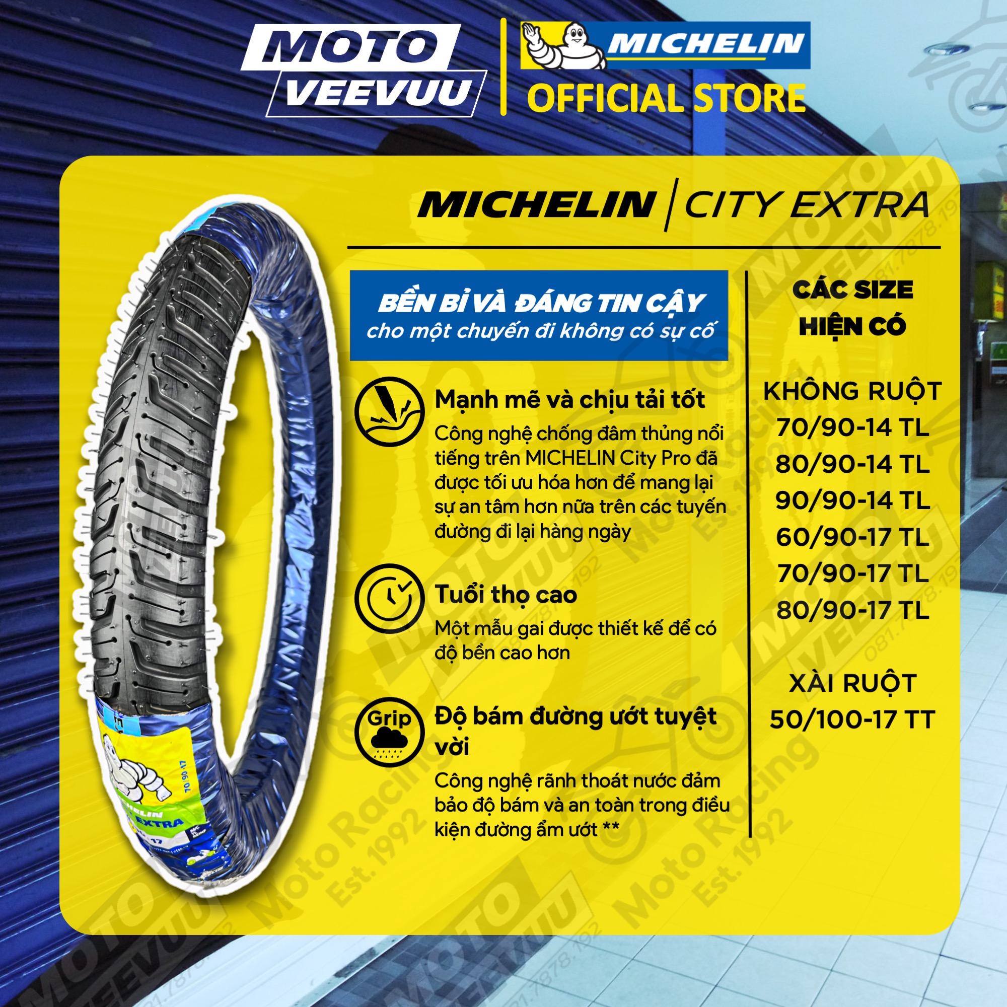 Vỏ lốp xe máy Michelin 60/90-17 TL CITY EXTRA (Lốp không ruột)