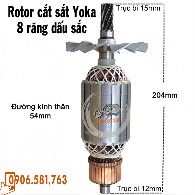 Rotor cắt sắt Yoka 8 răng Thân 54mm Dài 204mm Cánh sắt - Tặng chổi than