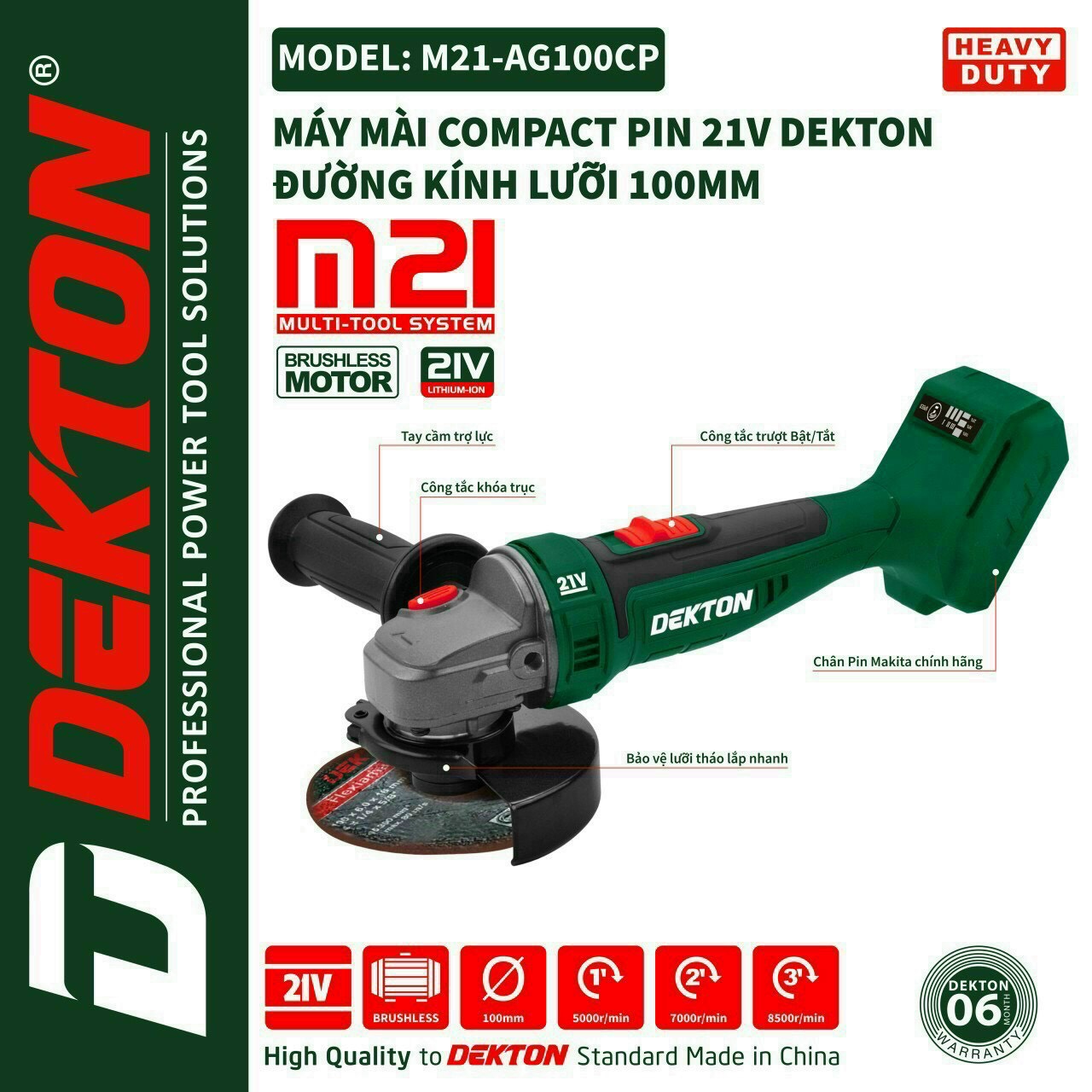 Thân máy mài dùng pin không than M21 Dekton AG100CP 3 cấp tốc độ