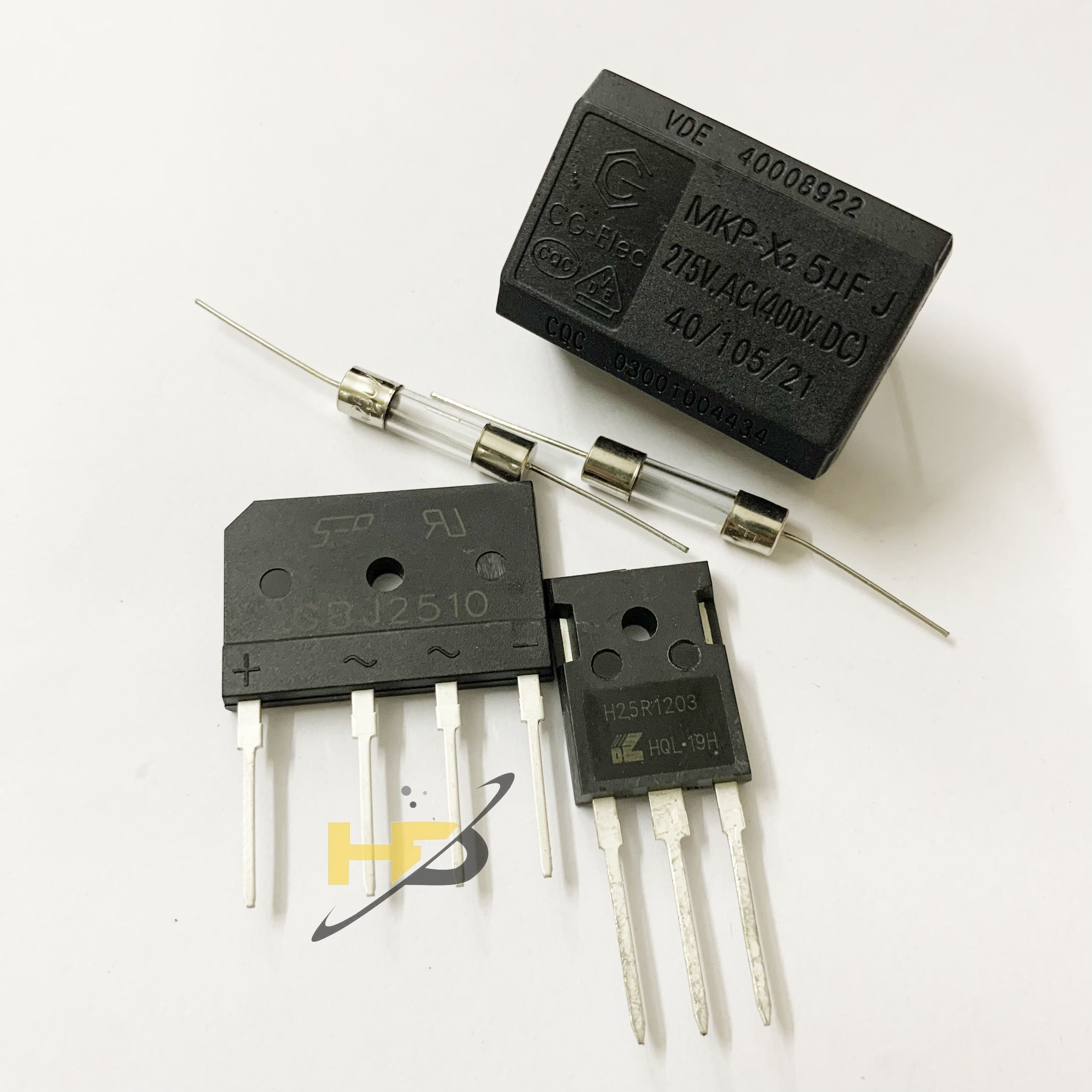 Combo linh kiện sửa bếp từ gồm igbt h25r1203 + diode cầu gbj2510 + tụ bếp từ 5uf + cầu chì 12a mới