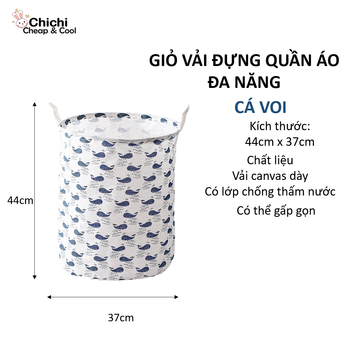 Giỏ đựng quần áo vải canvas gấp gọn túi vải đựng đồ đa năng chống thấm ChiChi TV05