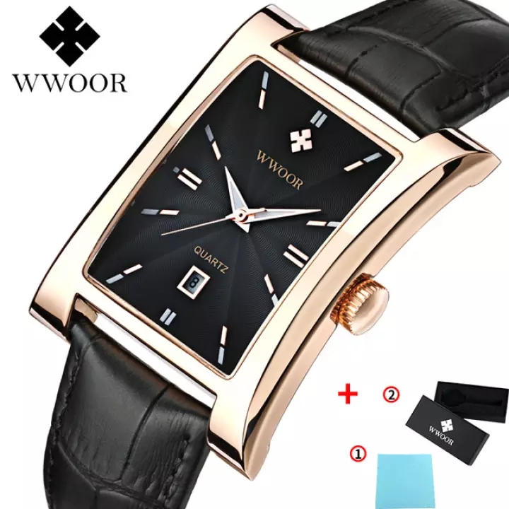 WWOOR Top Luxury Brand Watch For Men Water Resistant Calendar Square Dial Genuine Leather  Fashion Brown Original Wristwatch