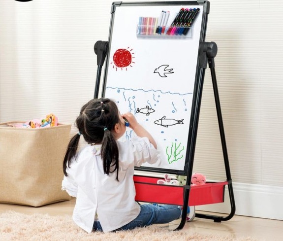 Đồ dùng học tập cho trẻ em - Bảng viết - vẽ 2 mặt cao cấp, mặt bảng có từ tính, hít nam châm mạnh, chân đế vững chắc, xoay được 360 độ, có thể điều chỉnh độ cao bảng theo chiều cao phù hợp với bé, giúp bé có thể ngồi, đứng để viết, vẽ dễ dàng