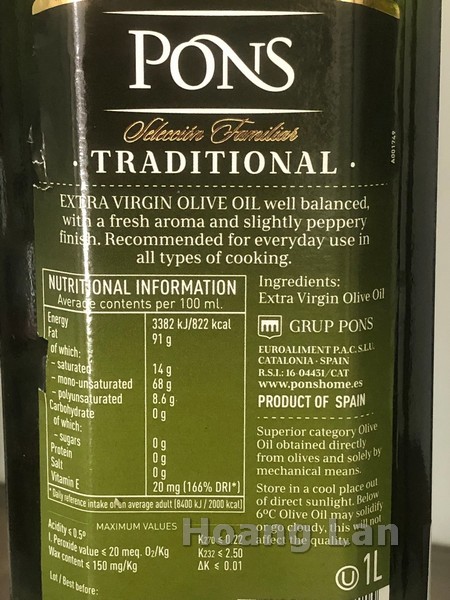 Dầu Olive Extra Virgin PONS 1lít - Tây Ban Nha (chai thủy tinh)