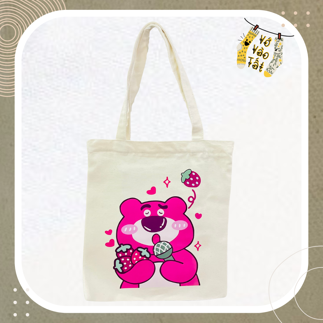 Túi tote gấu dâu hồng lotso vải canvas mộc có khóa kéo 2