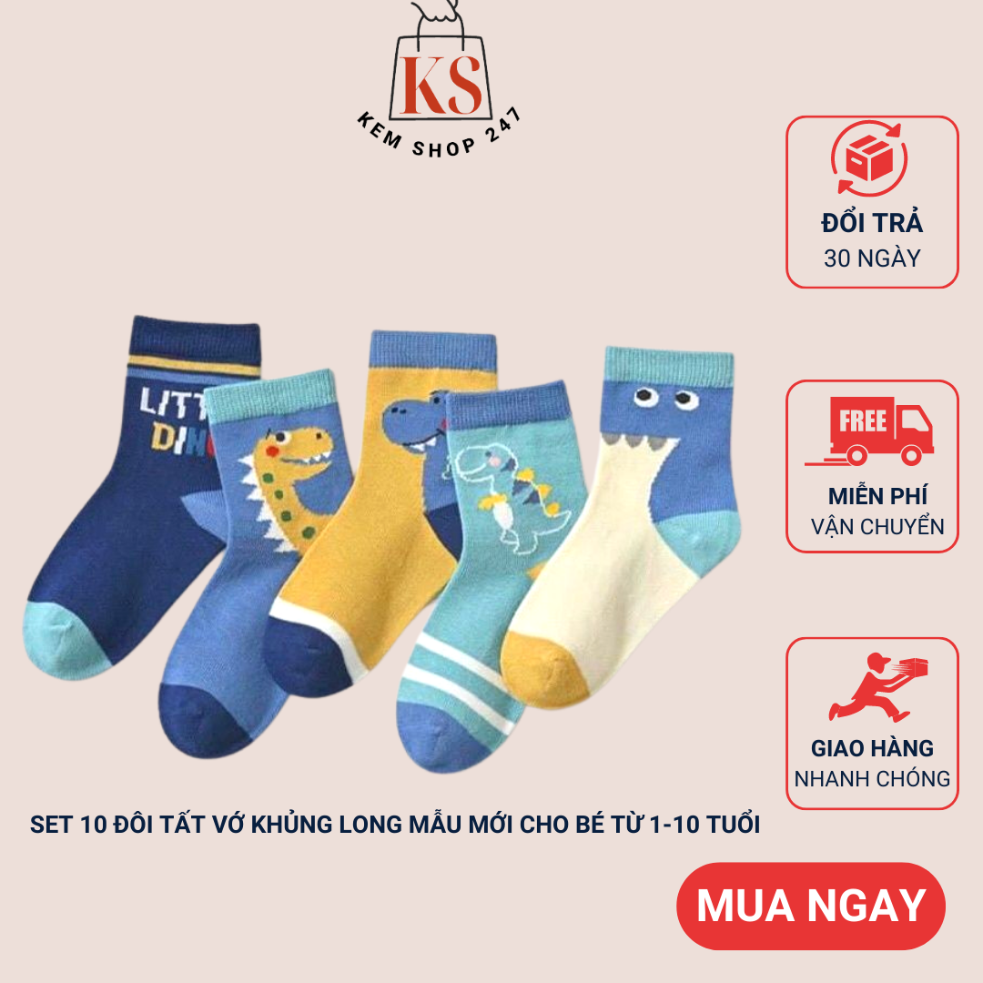 Combo 10 đôi tất/vớ khủng long trẻ em cổ cao mẫu mới