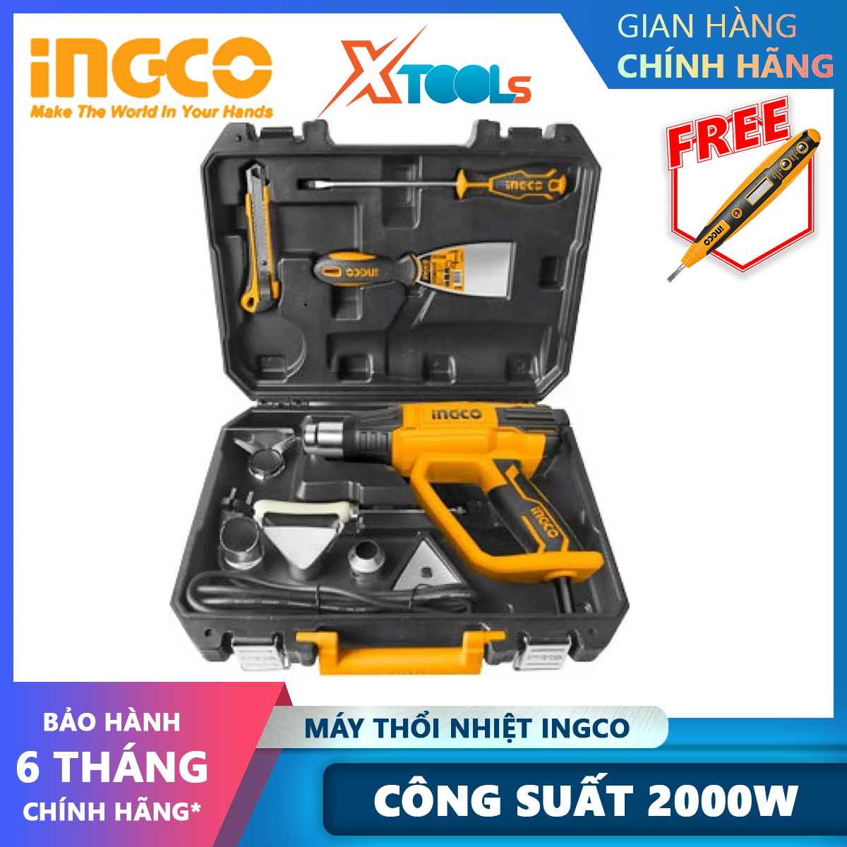 Set heat blower ingco hg200028-1 | apparatus khò thermal 2000W, temperature-50C/50-630 ° C, Display LCD screen remove Weld, adhesive, remove plaque