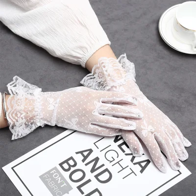 Summer Wedding Sunscreen Lace Bow Full Finger Driving Bridal Gloves Lace Gloves Tulle Mittens Mesh Gloves