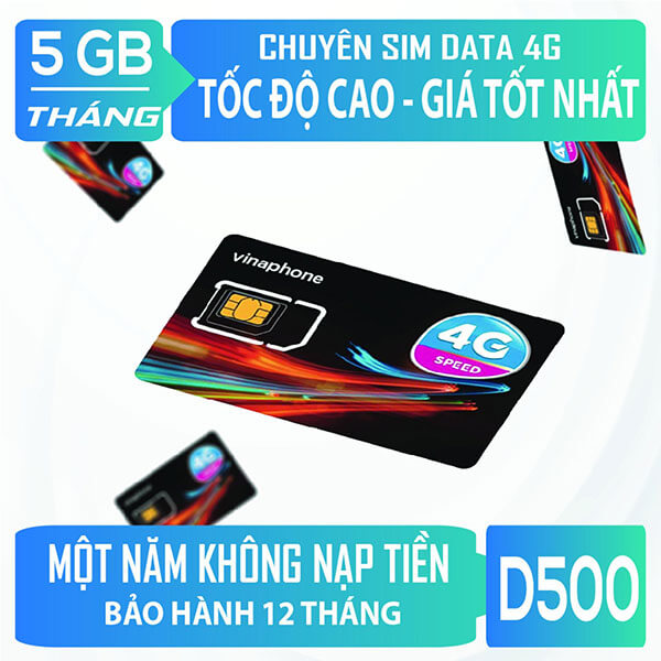 SIM Vinaphone 4G D500 Vina 12T Tặng 5GB/Tháng Trọn Gói 1 Năm - Data Tốc Độ cao Không Cần nạp Tiền . FREESHIP - CHƯA KÍCH HOẠT.