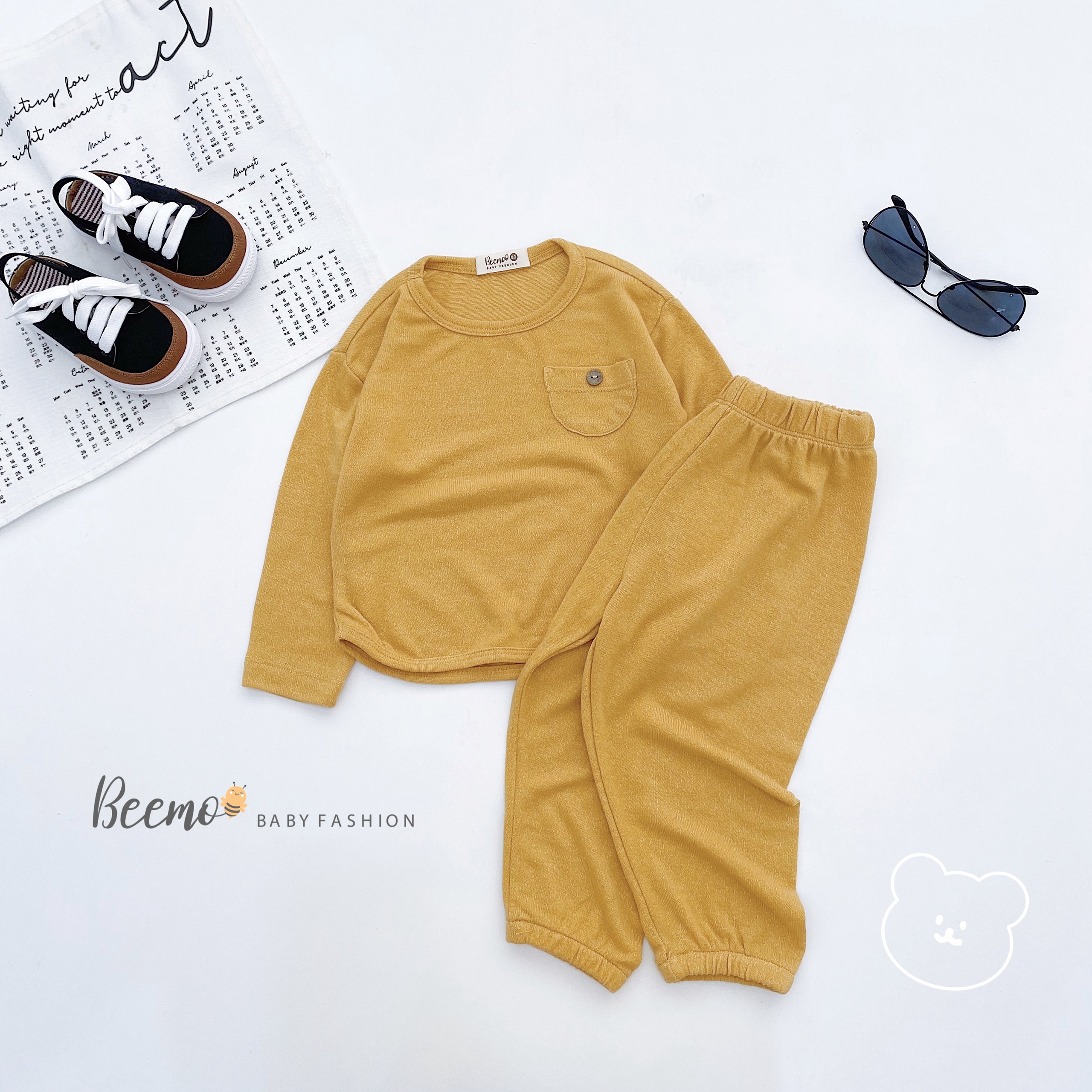 Bộ quần áo dài tay Beemo vải len mỏng phối túi basic mặc nhà giữ ấm, mềm mại cho bé trai, bé gái từ 1 đến 6 tuổi 22199B