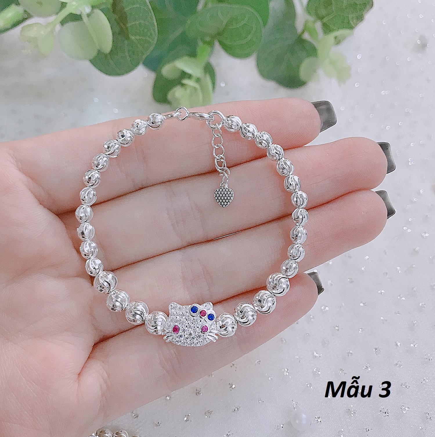 Lắc tay trẻ em bạc bi mặt Kitty MS25e