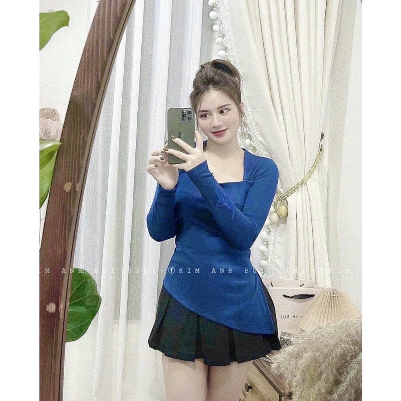 Áo thun nữ tay dài kiểu xẻ tà chất thun gân