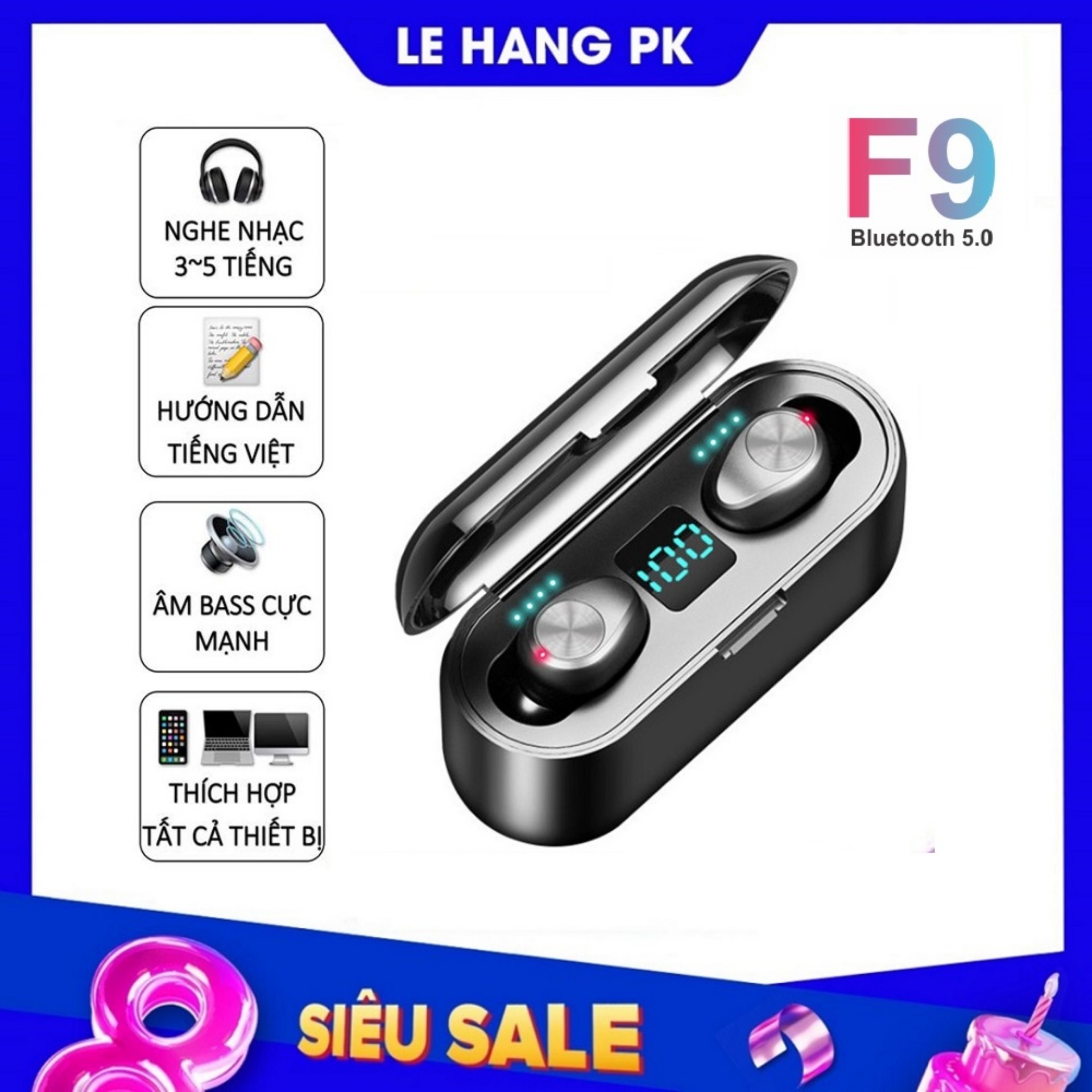 [HCM]Tai nghe Bluetooth 5.0 AMOI F9 [CẢM ỨNG] [KIÊM SẠC DỰ PHÒNG 2000mAh]