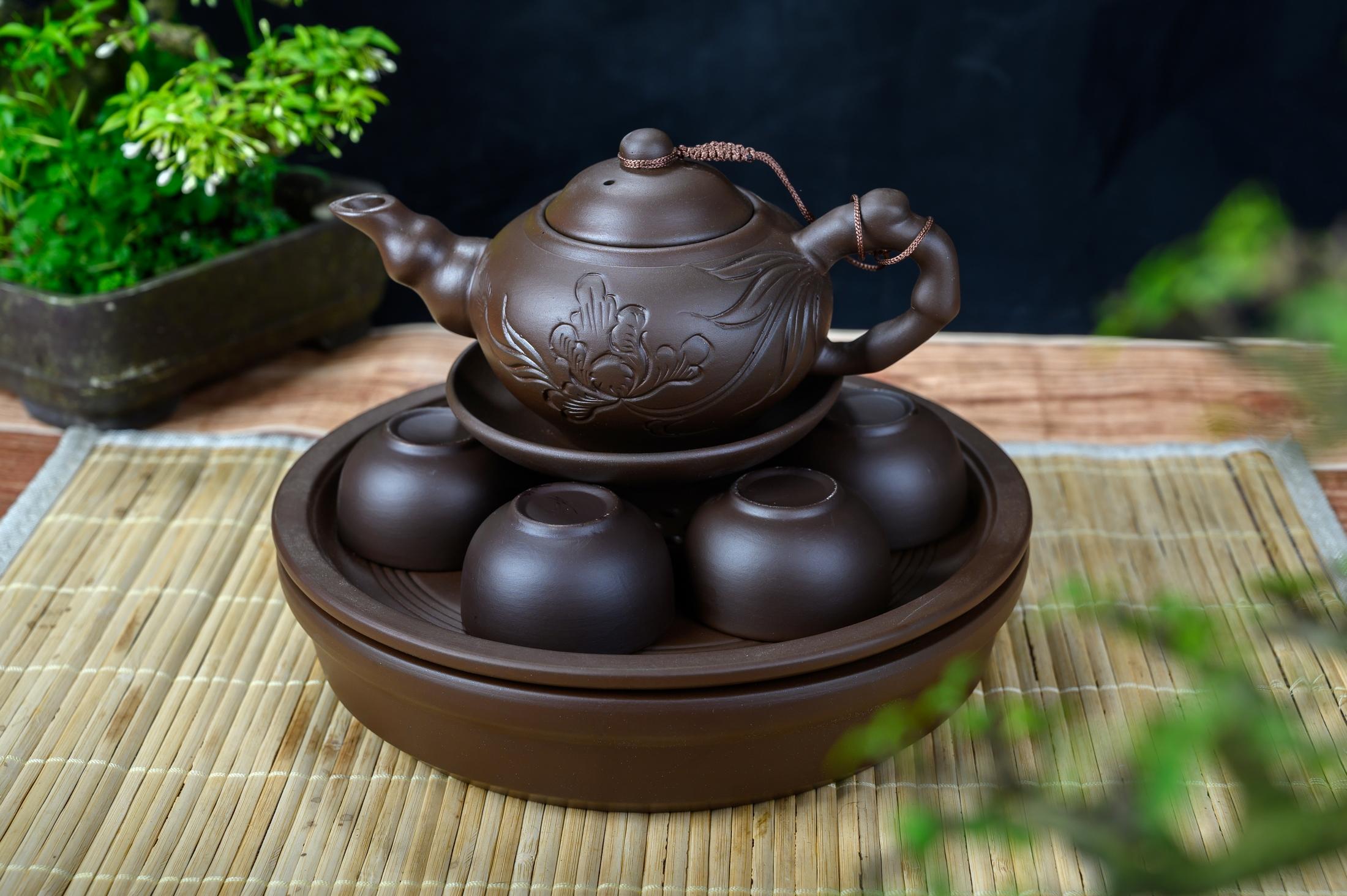 Carved Flower-Patterned Purple Clay Teapot