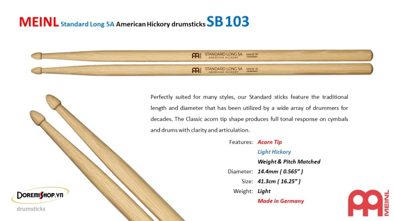 Cặp dùi trống MEINL Standard Long 5A American Hickory drumsticks SB103
