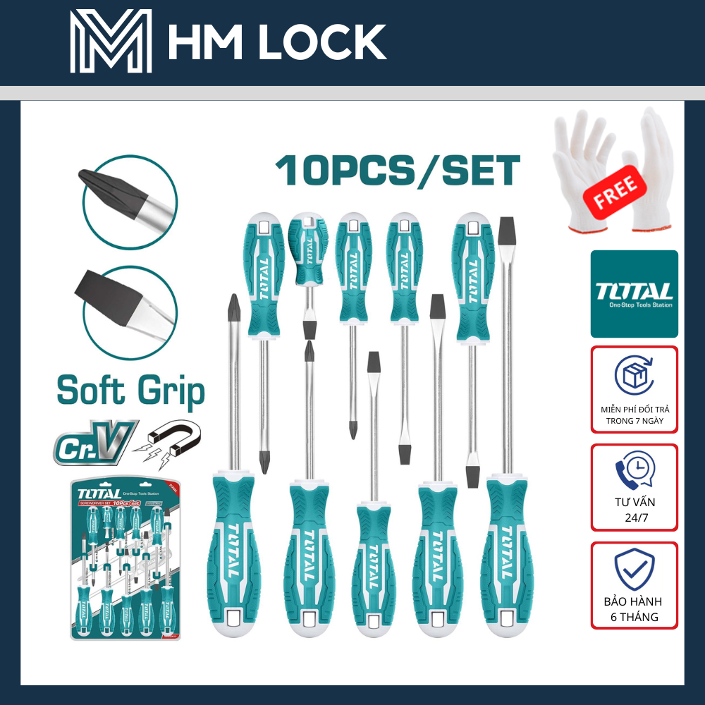 Bộ 10 tua vít dẹp và bake total - có nam châm hít - hàng chính hãng - tht250610 - hm lock